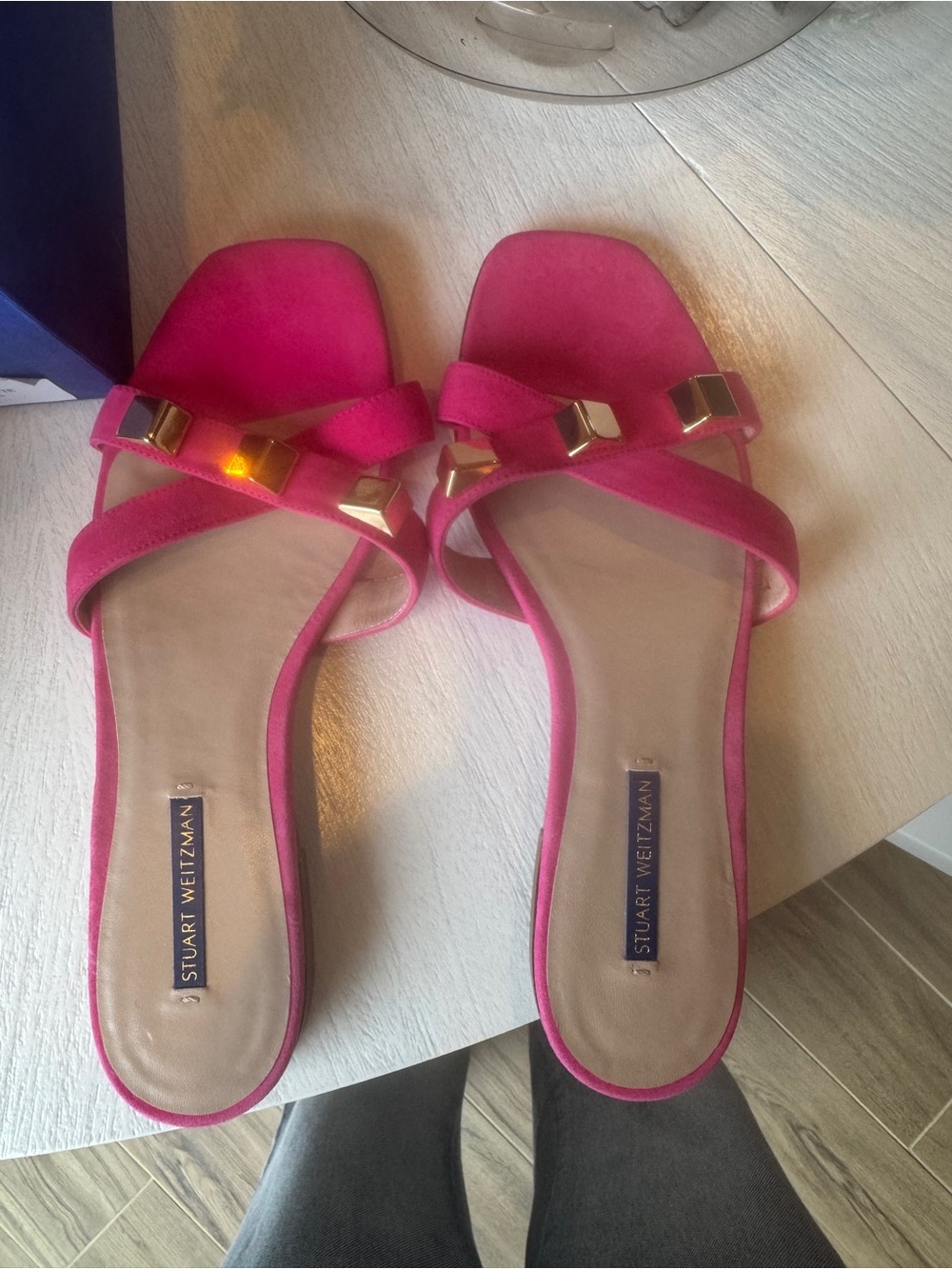 Stuart Weitzman Hot Pink Suede Slide Sandals with Gold Pyramid Accents